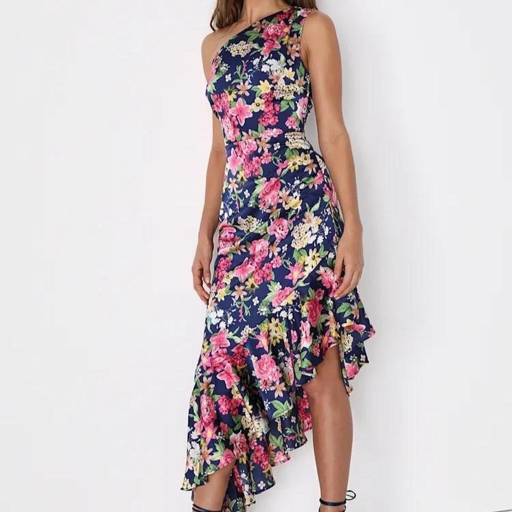 Lulu's One-Shoulder Midi Dress Women's Size Small Blue Floral Ruffle Blooming